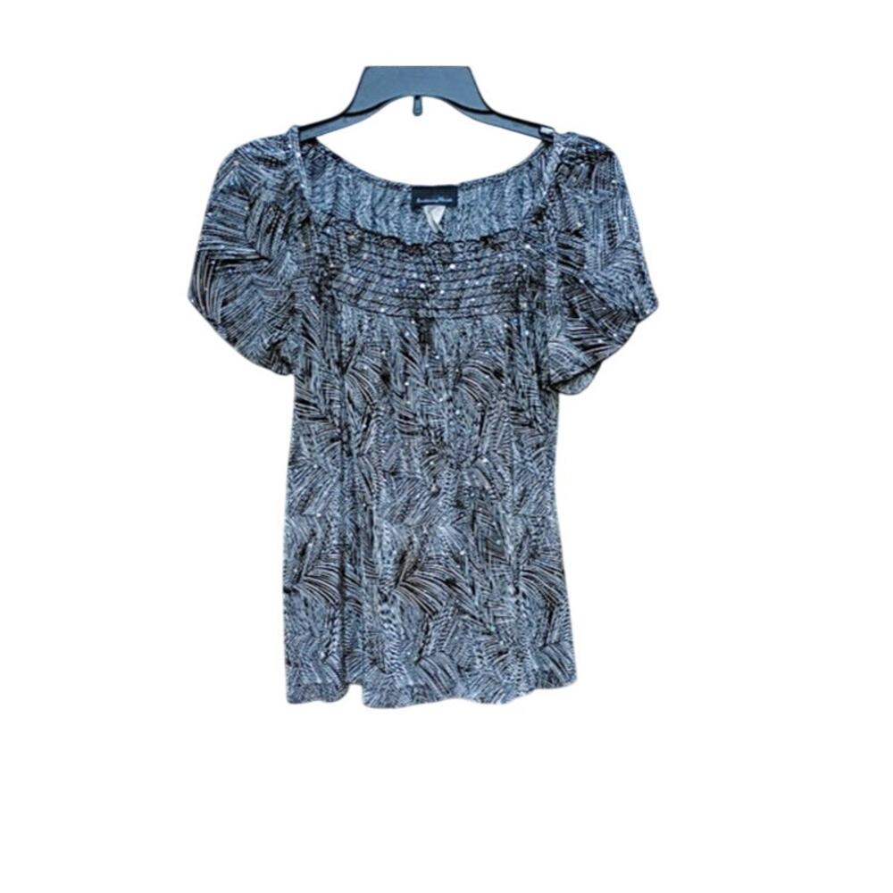 Brittany Black Short Sleeve Black White Top Silver Sequin Size L